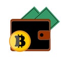 Blackly the brown purse of ÃÂ¿ÃÂ¾Ãâ¬ÃâÃÂ¼ÃÂ¾ÃÂ½ÃÂµ with the button bitcoin are bank white and yellow on a white background